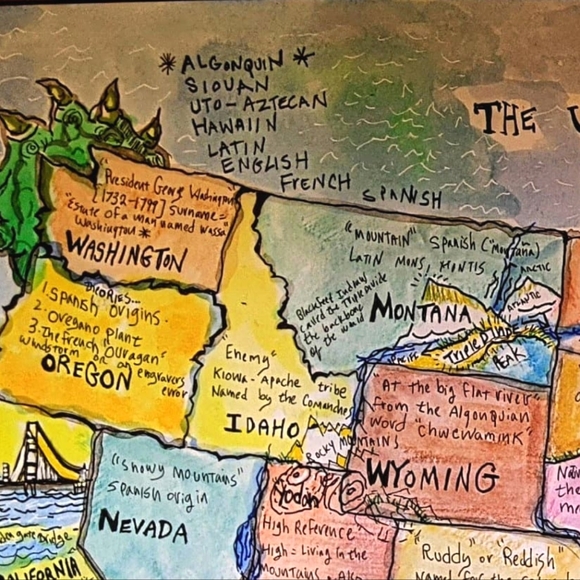 USA Handmade Map cartography painting watercolor pen & ink Earth Day - Picture 12 of 16